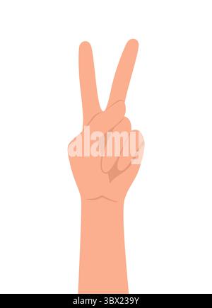 Main humaine montrant le numéro deux ou signe de victoire avec les doigts isolés sur fond blanc. Illustration vectorielle plate Illustration de Vecteur