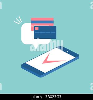Smartphone avec coche à l'écran et cartes bancaires dans la bulle de dialogue. Paiement sans contact ou en ligne. Illustration vectorielle plate Illustration de Vecteur