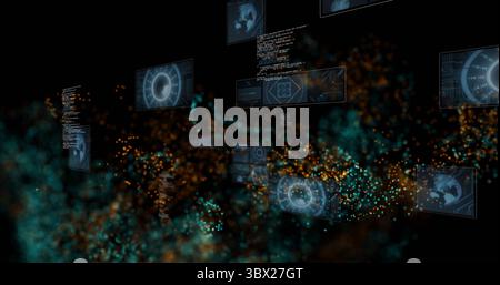 Affichage d'un panneau holographique tournant dans le cyberespace avec des graphiques de données circulaires et des extraits de code. Futuriste, immersif, numérique, high-tech, abstrait, Banque D'Images