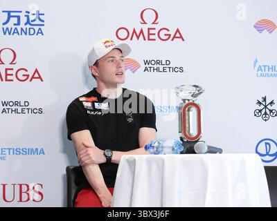 25 août 2021, Lausanne, Vaud, Suisse : Karsten WARHOLM de Norvège lors de la conférence de presse à Lausanne en prévision de l’épreuve de force de la Wanda Diamond League demain le 25 août 2021 à Lausanne, Suisse (crédit image : © Mickael Chavet via ZUMA Press Wire) Banque D'Images