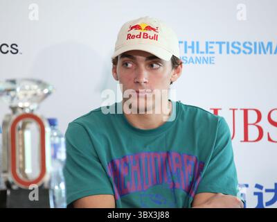 25 août 2021, Lausanne, Vaud, Suisse : Armand DUPLANTIS de Suède lors de la conférence de presse à Lausanne en prévision de l’épreuve de force de la Wanda Diamond League demain le 25 août 2021 à Lausanne, Suisse (crédit image : © Mickael Chavet via ZUMA Press Wire) Banque D'Images