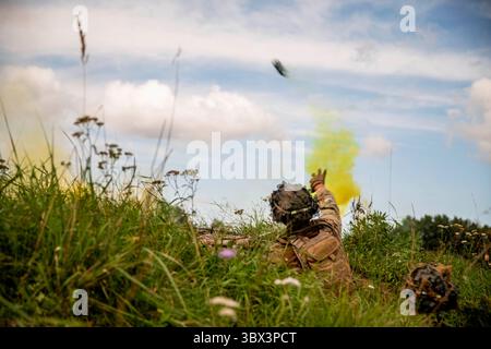 23 août 2021 - zone d'entraînement de Bemowo Piskie, Pologne - Un soldat de la Garde nationale de l'armée américaine du 3e bataillon du 161e régiment d'infanterie lance une grenade fumigène pour dissimuler une évacuation médicale lors d'un exercice de force dans la zone d'entraînement de Bemowo Piskie, Pologne, le 24 août 2021. Les manifestations ont eu lieu pour le lieutenant GEN. Så‚awomir Wojciechowski, le commandant du corps multinational Nord-est, pour montrer les capacités du groupement tactique Pologne. L'exercice force-sur-force a mis en évidence l'interopérabilité du 3-161e régiment d'infanterie de la Garde nationale des États-Unis avec les Gepards des forces terrestres roumaines. ( Banque D'Images