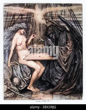 Gravure vintage d'une scène du Rime de l'ancien Mariner, par Coleridge. Et les Twain jetaient des dés. Herbert Cole, 1900 ans Banque D'Images