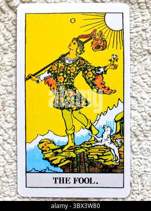 The Fool - numéro 0 - studio de cartes Tarot individuel mis en place sur fond texturé. Prise en juillet 2025 Banque D'Images