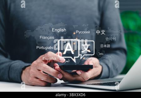 Traduction linguistique multilingue, concept de communication. Homme utilisant le téléphone avec des icônes de différentes langues, traduction de langue globale, technologie multilingue Banque D'Images