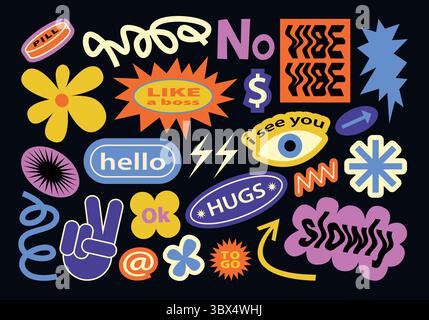 Collection drôle de patchs y2k, étiquettes, tags. Autocollants plats avec de courtes phrases dans un style de dessin animé rétro. Ensemble vectoriel Groovy, étiquettes promo à la mode dans les années 90 Illustration de Vecteur