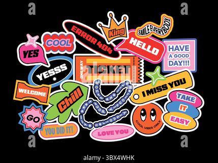 Collection drôle de patchs y2k, étiquettes, tags. Autocollants plats avec de courtes phrases dans un style de dessin animé rétro. Ensemble vectoriel Groovy, étiquettes promo à la mode dans les années 90 Illustration de Vecteur
