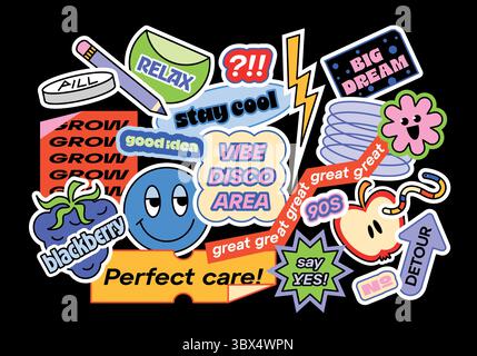 Collection drôle de patchs y2k, étiquettes, tags. Autocollants plats avec de courtes phrases dans un style de dessin animé rétro. Ensemble vectoriel Groovy, étiquettes promo à la mode dans les années 90 Illustration de Vecteur