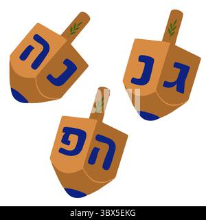 Une illustration vectorielle ludique avec trois dreidels, toupies traditionnelles Hanukkah, ornées de lettres hébraïques et de détails de branche d'olivier, ensemble Illustration de Vecteur