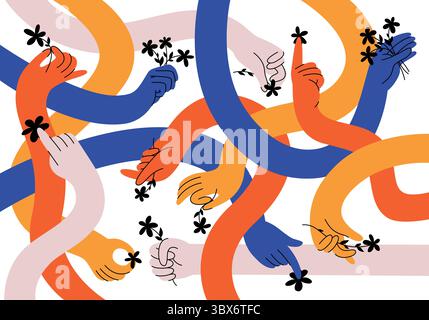 Mains avec des gestes de fleurs dans le dessin animé. Différentes positions des mains et des doigts : pointage, maintien, pression des doigts. Illustrations de paumes et de poignets humains. Illustration de Vecteur