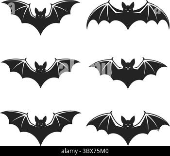 Six silhouettes de chauve-souris noires avec vecteur d'ailes déployées Illustration de Vecteur