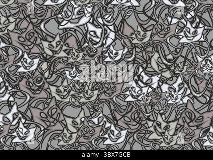 Fond de camouflage créé par des éléments de chat comme un masque pour les tissus ou les imprimés. Motifs de chat linéaire gris chaotique pour textiles, couvertures, affiches dynamiques Banque D'Images