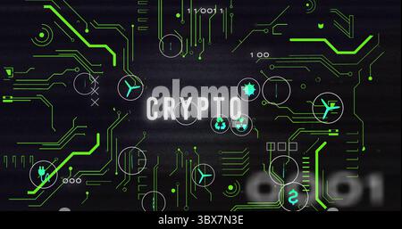 Affichage de lettres CRYPTO brillantes sur l'interface sombre, mettant en évidence les traces de circuit vertes et les icônes Banque D'Images