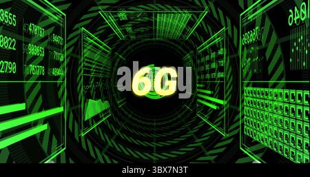 Étiquette 6G centrale pulsatoire rayonnant une lumière verte au néon dans un tunnel numérique, avec panneaux de données Banque D'Images