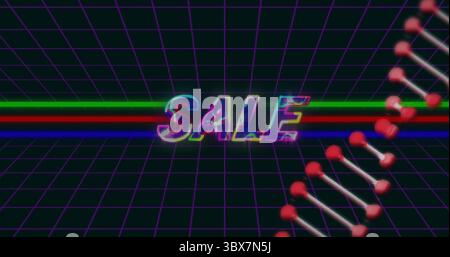 Texte de VENTE de style glitch flottant dans un espace futuriste virtuel, avec une grille violette et une hélice semblable à l'ADN Banque D'Images
