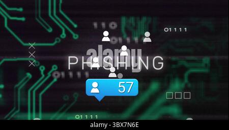 Affichage de texte de PHISHING pulsé sur l'interface sombre, avec des icônes utilisateur et une bulle de notification bleue Banque D'Images