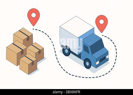 Logistique de livraison isométrique - expédition et boîtes E-commerce paquet livraison camion icône transport de marchandises et chaîne d'approvisionnement Illustration de Vecteur