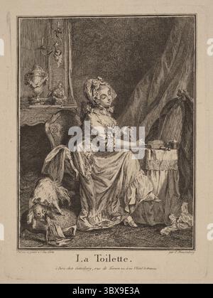 Œuvre d'art historique intitulée la toilette par Sigmund Freudenberger, vers le XVIIIe siècle. La gravure représente une femme assise à sa coiffeuse pendant le toilettage, avec de petits chiens à ses pieds. De la période rococo. Banque D'Images