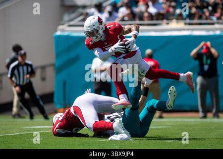 26 septembre 2021, Jacksonville, Floride, États-Unis : le cornerback des Arizona Cardinals BYRON MURPHY (7) saute au-dessus de la pile après avoir fait l'interception contre les Jaguars de Jacksonville au deuxième trimestre au TIAA Bank Field à Jacksonville, en Floride. Les Cardinals de l'Arizona battent les Jaguars de Jacksonville 31-19. (Crédit image : © Michael Johnson/ZUMA Press Wire) Banque D'Images