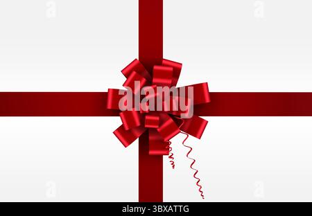 Le grand arc décoratif rouge présente un fond de gradient vectoriel de croisement de ruban avec des queues recourbées Banque D'Images