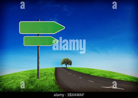 Des flèches vertes à côté de la route Banque D'Images