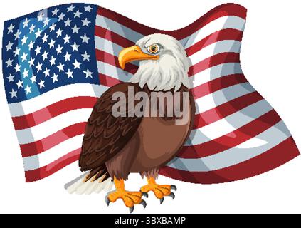 Illustration vectorielle d'un aigle à tête blanche devant un drapeau américain agitant, symbolisant le patriotisme et la fierté nationale Illustration de Vecteur