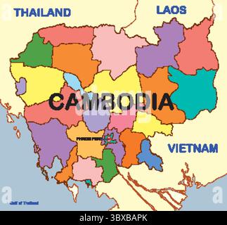 Illustration vectorielle vibrante de la carte du Cambodge mettant en évidence les provinces, les frontières et les pays voisins dans des couleurs distinctes Illustration de Vecteur