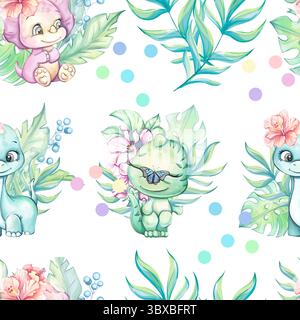Motif aquarelle coloré sans couture avec des créatures mignonnes et des feuilles tropicales, parfait pour un fond vibrant ou un fond d'écran Illustration de Vecteur