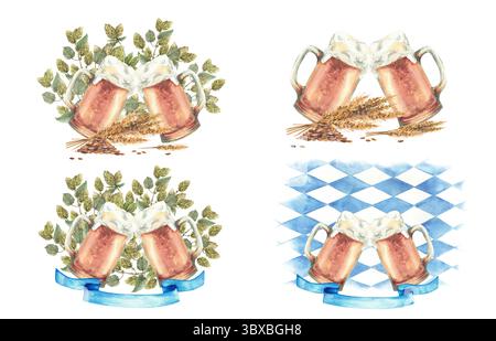 Tasses à bière faisant des acclamations Oktoberfest clipart set. Pointes de brindilles de malt et de houblon, ruban bleu, losanges fond de drapeau bavarois. Aquarelle peinte deux Banque D'Images