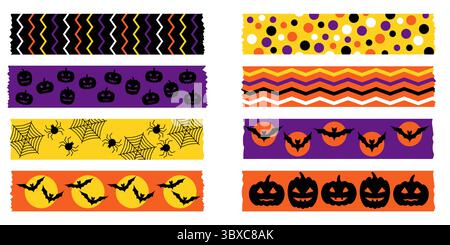Mignon ruban de masquage Halloween ensemble en violet noir saisonnier et orange. Bande washi vectorielle avec des chauves-souris et des araignées de citrouilles. Bordures décoratives parfaites pour Illustration de Vecteur