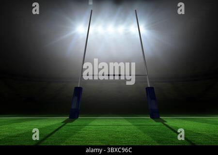 Les poteaux de but de rugby avec bases rembourrées se dressent sur du gazon rayé sous des projecteurs dans un design plat Banque D'Images