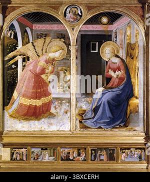 L'Annonciation de San Giovanni Valdarno est une peinture du maître italien du début de la Renaissance Fra Angelico, peinte vers 1430 à 1432 en tempera sur panneau. Il fait partie d'une série de panneaux Annonciation peints par Fra Angelico dans les années 1430 - Banque D'Images