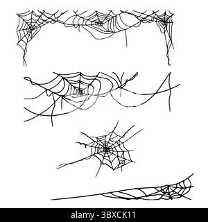 Toile d'araignée, ensemble de silhouettes, croquis à l'encre noire et blanche. Illustration vectorielle. Le décor traditionnel est une célébration d'Halloween, isolé sur un blanc Illustration de Vecteur