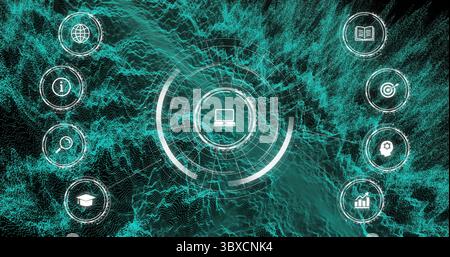 Affichage de l'interface de l'ordinateur portable brillante à l'intérieur des anneaux sur des formes d'onde sarcelle dans le réseau, avec huit icônes Banque D'Images