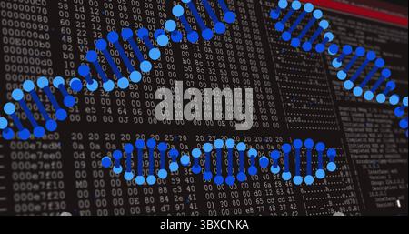 Affichage de la superposition bleue de l'hélice d'ADN sur l'écran du moniteur, indiquant le code hexadécimal et le texte du journal système Banque D'Images