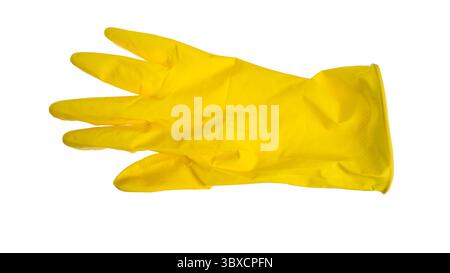 Gants de nettoyage en caoutchouc tenant le chiffon isolé sur fond blanc. Placer pour le texte. Concept de nettoyage professionnel Banque D'Images