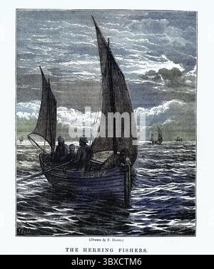 Illustration vintage, pêcheurs dans un petit bateau sortant pêcher le hareng, industrie victorienne de la pêche, années 1870, 19ème siècle Banque D'Images