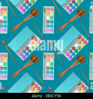 Modèle sans couture avec des ensembles de peinture à l'aquarelle et des pinceaux illustration vectorielle sur fond bleu. Pour le thème de la rentrée scolaire, les fournitures scolaires ou de bureau, s Illustration de Vecteur