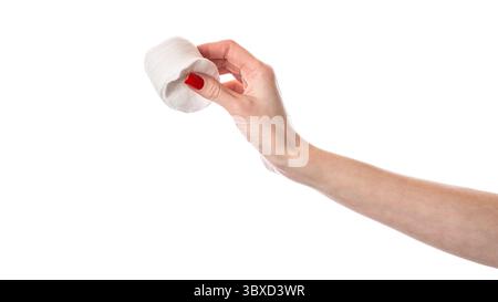 Woman holding cotton pads isolated on white background. Cotton pads in female hand with red nails. Banque D'Images