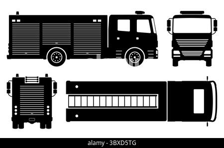 Silhouette de camion de pompiers sur un fond blanc. Les icônes du véhicule définissent la vue latérale, avant, arrière et supérieure Illustration de Vecteur
