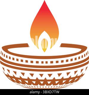 Lampe diya brune traditionnelle avec des motifs ornés et une flamme brillante, symbolisant la célébration de Diwali. Illustration de Vecteur