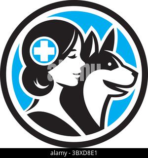 Icône vectorielle d'une vétérinaire femelle avec un chien, représentant les soins vétérinaires et les services de santé animale. Illustration de Vecteur