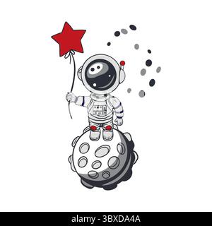 Astronaute debout sur la lune avec un ballon en forme d'étoile. Illustration vectorielle dessinée à la main. Pour les cartes, bannières, affiches, couvertures de la Journée de la cosmétique Illustration de Vecteur