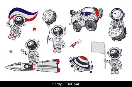 Ensemble astronautes. Cosmonaute sur une fusée, sur la lune, avec un drapeau, une planète, un rover spatial, étoiles. Illustration vectorielle. Cartes de la Journée cosmonautique, bannières Illustration de Vecteur