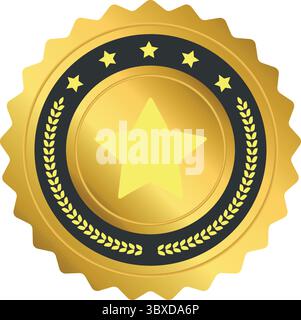 Phoque doré avec bords festonnés, étoile centrale, cinq petites étoiles sur anneau noir et feuilles de laurier, symbolisant la reconnaissance, la réussite et la prime Illustration de Vecteur
