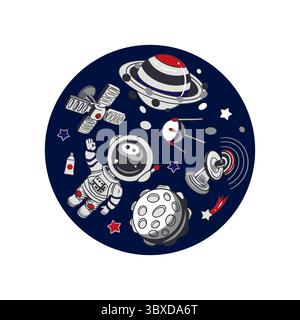 Astronaute, planète, lune, étoiles, satellite. Le tout enfermé dans un cercle. Illustration vectorielle dessinée à la main. Pour les cartes, bannières, affiches de la Journée cosmonautique Illustration de Vecteur