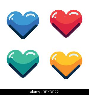 Ensemble de quatre icônes cœurs brillantes en rouge, bleu, jaune et vert, disposées dans une grille 2x2 propre. Parfait pour l'amour, l'émotion, la conception d'interface utilisateur et la célébration Illustration de Vecteur