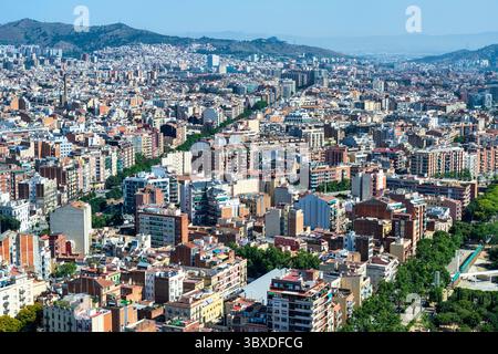 Horizon de la ville regardant au nord-est depuis la plate-forme d'observation à Torre Glòries dans le quartier Sant Martí de Barcelone, région de Catalogne, Espagne Banque D'Images