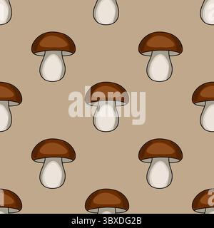Motif vectoriel sans couture avec un design répétitif de champignons bruns stylisés avec des tiges blanc cassé sur un fond beige discret, créant une carte sim Illustration de Vecteur