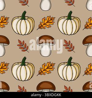 Modèle vectoriel sans couture de la récolte d'automne : citrouilles, champignons, feuilles de chêne et de rowan sur un fond taupe, parfait pour les dessins sur le thème de l'automne. Illustration de Vecteur